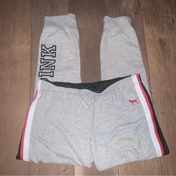 PINK Victoria’s Secret Joggers Sweatpants Gray Red Black Size Large - Picture 1 of 5